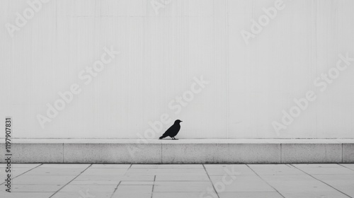 Solitary black bird perched on a low wall against a stark white background. photo