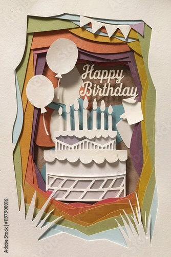 Colorful Paper Cutout Birthday Cake with Balloons and Banners for Celebrations