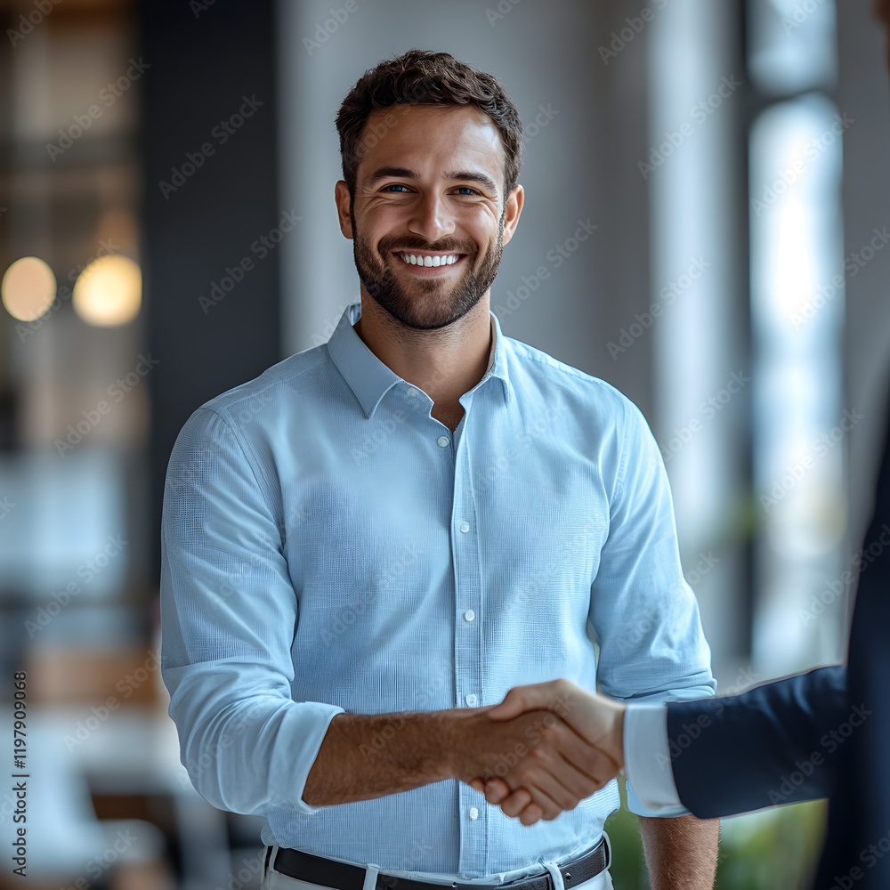 Obraz premium Smiling Professionals Shaking Hands During a Successful Discussion in a Contemporary Workspace