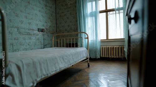 An eerie, dimly lit room with a single bed and vintage decor gives a haunting feeling of solitude and abandonment. photo