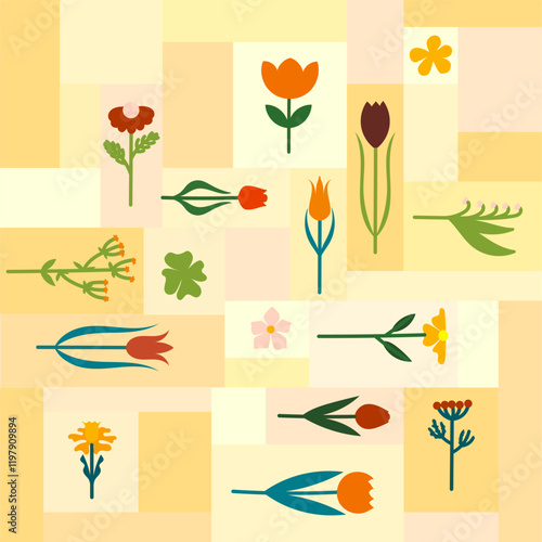 Mosaic of flowers on yellow tiles. Vector illustration