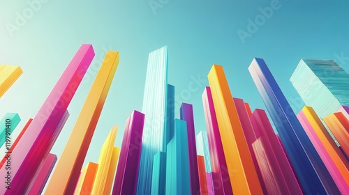 A vibrant skyline with colorful, abstract buildings reaching towards the sky. The bright hues create a dynamic and imaginative urban landscape, perfect for modern design projects.