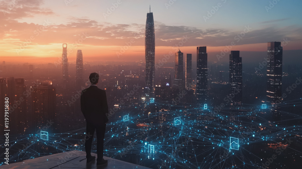 Abstract business man stands on the peak of success amid tall, innovative Smart city and graphs with statistics to analyze business potential and predict future developments in company growth. Abstract business man stands on the peak of success amid tall, innovative Smart city and graphs with statistics to analyze business potential and predict future developments in company growth.