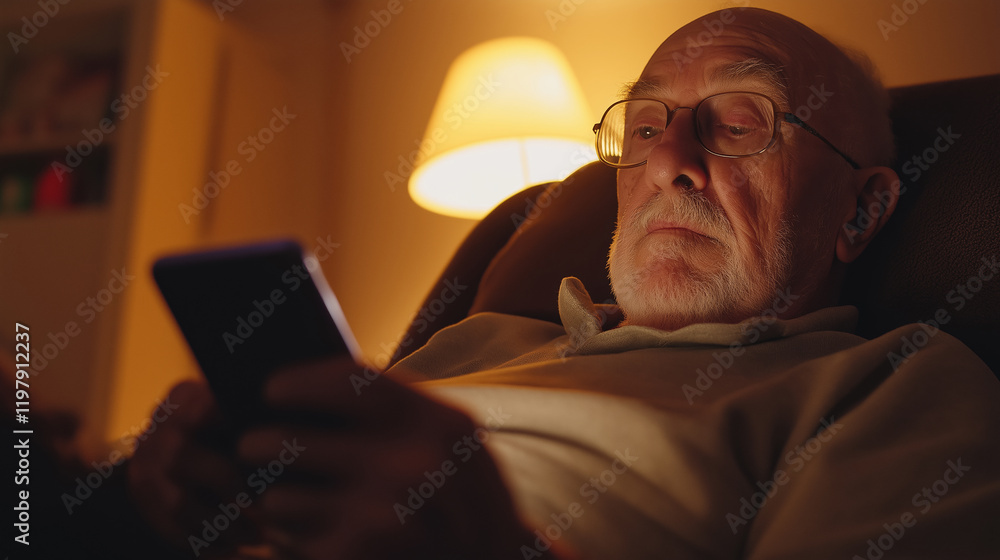 Elderly man sitting comfortably in an armchair at home, using a smartphone while enjoying a peaceful evening illuminated by a lamp Elderly man sitting comfortably in an armchair at home, using a smartphone while enjoying a peaceful evening illuminated by a lamp