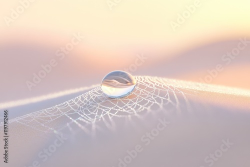 A glass sphere rests gently on a delicate spiderweb, bathed in soft sunrise light. photo