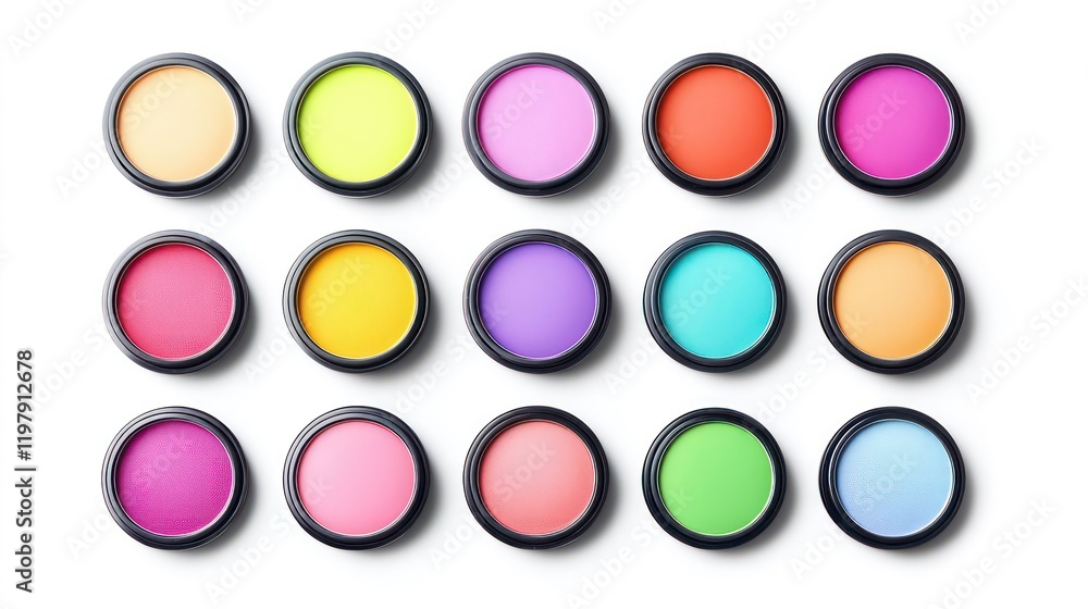 Collection of vibrant, colorful makeup eye shadows in small round containers, arranged in a grid on a white background. Collection of vibrant, colorful makeup eye shadows in small round containers, arranged in a grid on a white background.