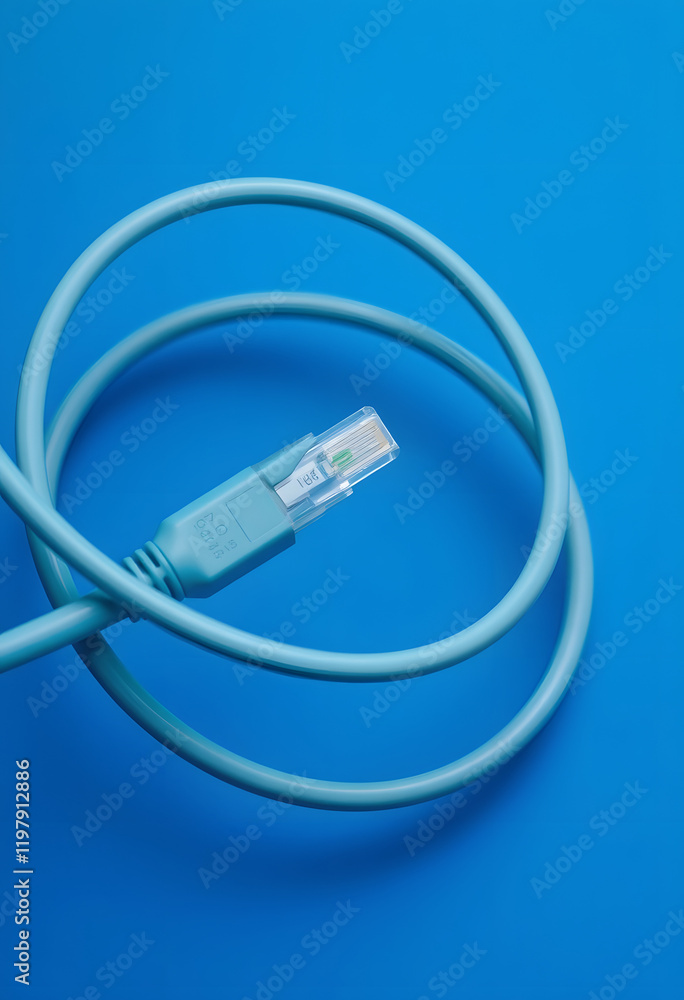 A coil of an Internet network cable for data transmission on a blue background, Dynamic motion, with white tones A coil of an Internet network cable for data transmission on a blue background, Dynamic motion, with white tones