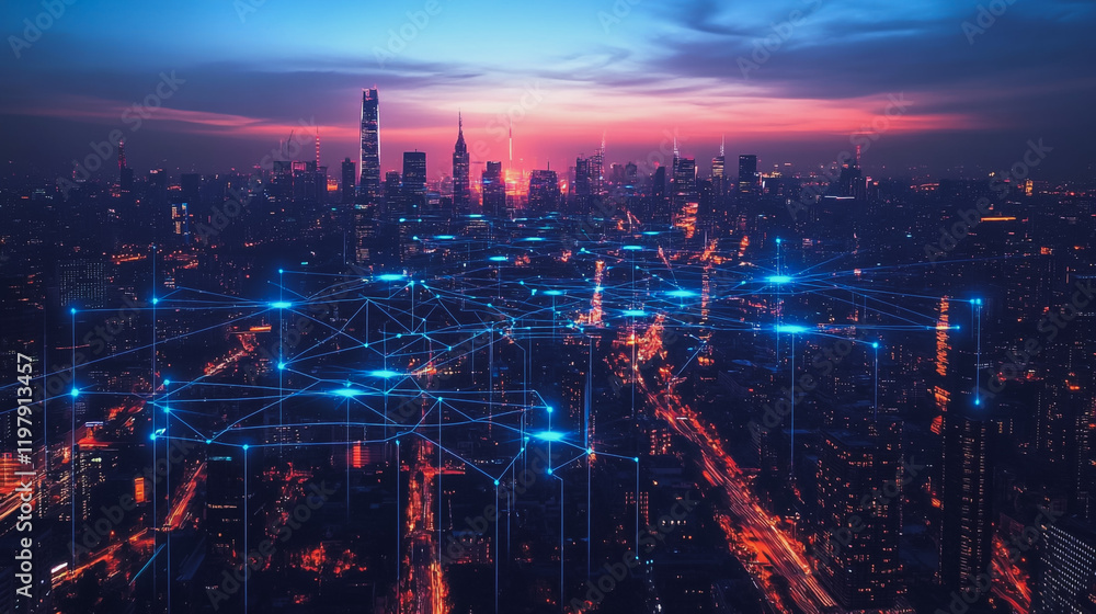 Obraz premium abstract, business, team, stands, peak, success, Abstract business man stands on the peak of success amid tall, innovative Smart city and graphs with statistics to analyze business potential and predi