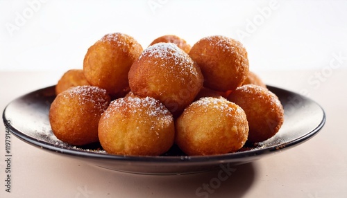 Wallpaper Mural Golden-brown fried dough balls, dusted with powdered sugar,  served on a dark plate. Torontodigital.ca