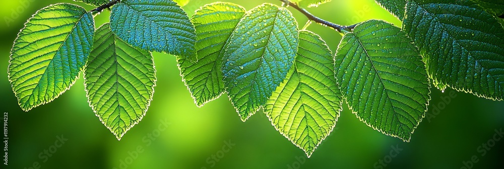 Fresh, Vibrant Green Leaves Backlit by Sunlight, Nature Background, Springtime Foliage Fresh, Vibrant Green Leaves Backlit by Sunlight, Nature Background, Springtime Foliage
