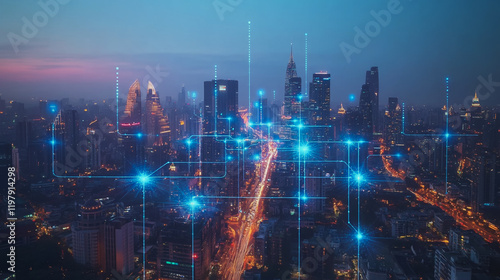 Wallpaper Mural abstract, business, team, stands, peak, success, Abstract business man stands on the peak of success amid tall, innovative Smart city and graphs with statistics to analyze business potential and predi Torontodigital.ca