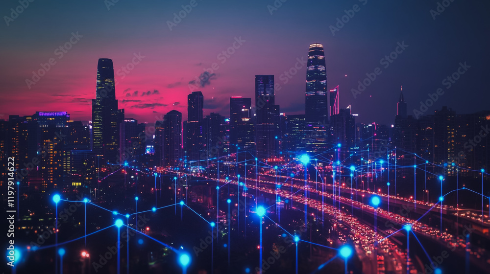 Fototapeta premium abstract, business, team, stands, peak, success, Abstract business man stands on the peak of success amid tall, innovative Smart city and graphs with statistics to analyze business potential and predi