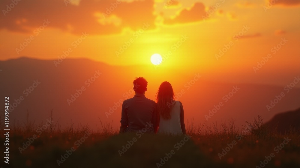 Two lovers enjoying the brilliant colors of a sunset, sharing a quiet moment of togetherness and admiration for nature’s beauty.. Two lovers enjoying the brilliant colors of a sunset, sharing a quiet moment of togetherness and admiration for nature’s beauty..
