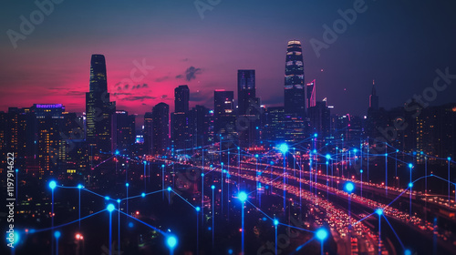 Wallpaper Mural abstract, business, team, stands, peak, success, Abstract business man stands on the peak of success amid tall, innovative Smart city and graphs with statistics to analyze business potential and predi Torontodigital.ca