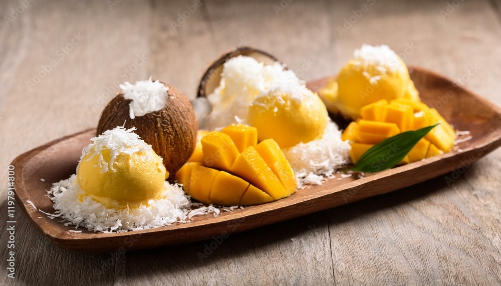 Mango and coconut ice cream scoops served with fresh mango slices on a wooden tray. Mango and coconut ice cream scoops served with fresh mango slices on a wooden tray.
