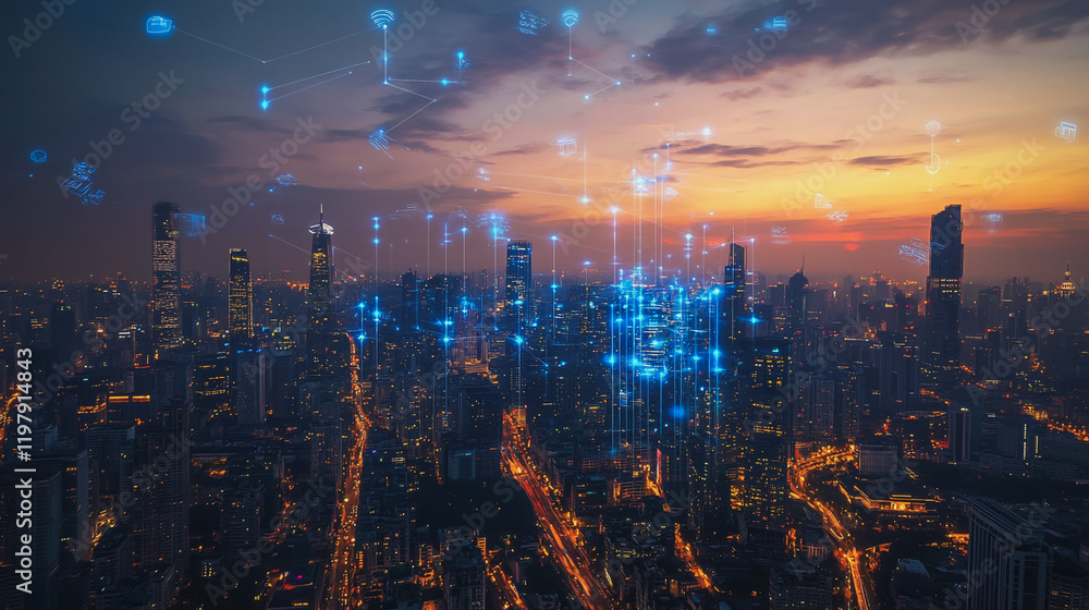 Fototapeta premium abstract, business, team, stands, peak, success, Abstract business man stands on the peak of success amid tall, innovative Smart city and graphs with statistics to analyze business potential and predi