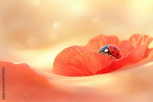 A ladybug delicately rests on a vibrant red poppy petal, bathed in the warm glow of sunrise. photo