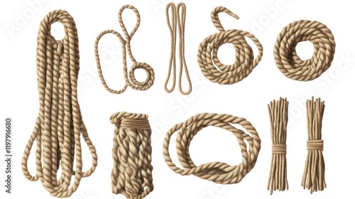 Collection of beige twisted ropes, cords, and strings in various shapes and sizes on white background.
