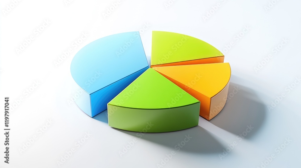 Fototapeta premium A minimalist pie chart with sectors in blue, green, and yellow, set on a white background with shadows that create a D effect