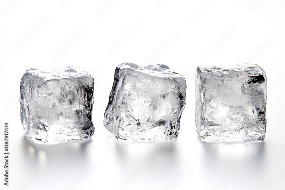 Three clear ice cubes each with visible air bubbles trapped inside arranged in a row Three clear ice cubes each with visible air bubbles trapped inside arranged in a row