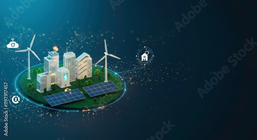 Sustainable City of the Future: An isometric illustration depicting a futuristic city powered by renewable energy sources. Wind turbines, solar panels, and connected homes contribute to a cleaner.