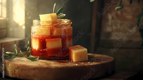 A close-up shot of a glass jar filled with guava jam topped with slices of creamy northeastern rennet cheese on a wooden board, northeastern, appetizer, rennet cheese. Stormfall. Illustration photo