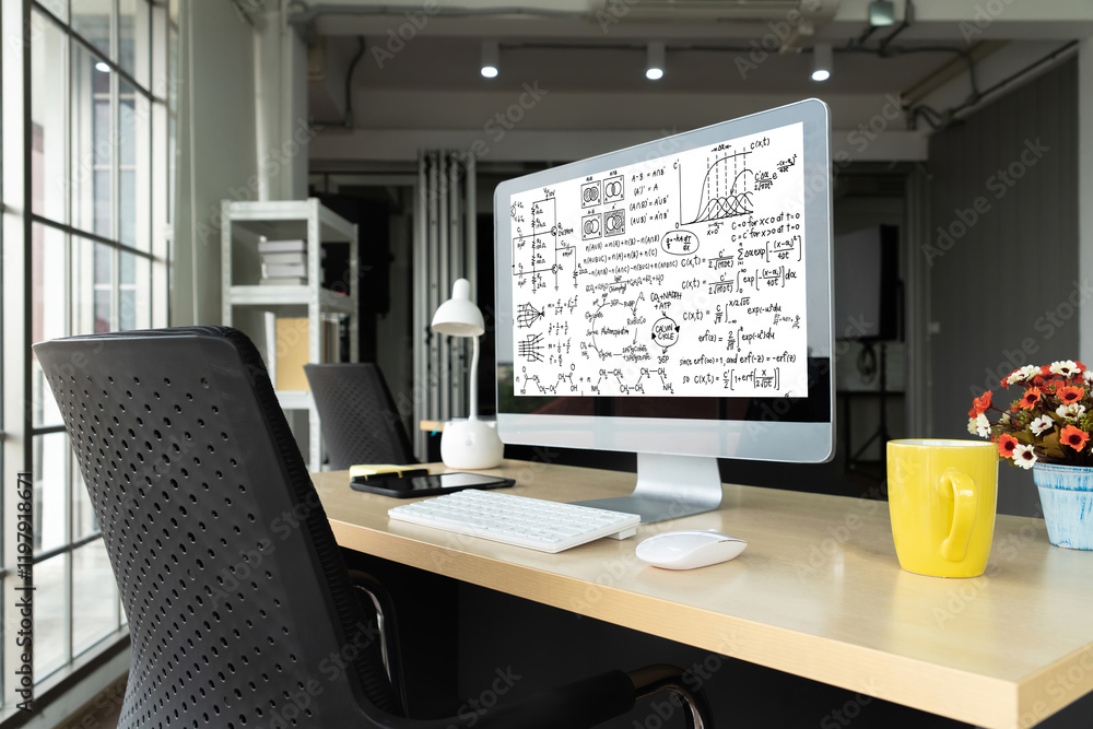 Mathematic equations and modish formula on computer screen showing concept of science and education Mathematic equations and modish formula on computer screen showing concept of science and education