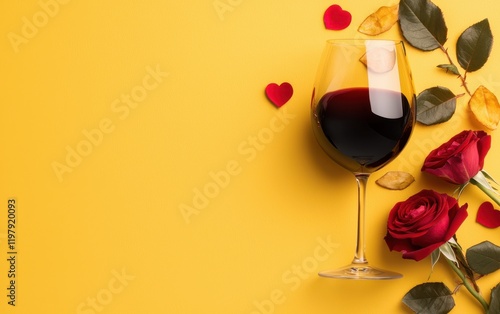 A romantic scene unfolds with a glass of wine elegantly paired with a single rose, all set against a warm yellow backdrop, perfect for Valentine's Day.