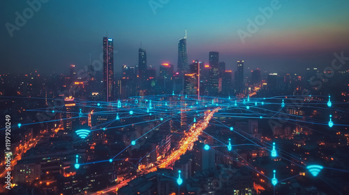 Wallpaper Mural Abstract business man stands on the peak of success amid tall, innovative Smart city and graphs with statistics to analyze business potential and predict future developments in company growth. Torontodigital.ca