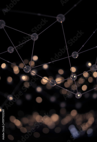 Glowing network of interconnected spheres with bokeh effect, minimalism, with white tones