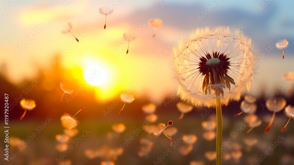 Naklejka premium Blowball to Sunset: A Macro Closeup of Wish Seed Blowing in the Wind with Pollen Flying in Sunlight