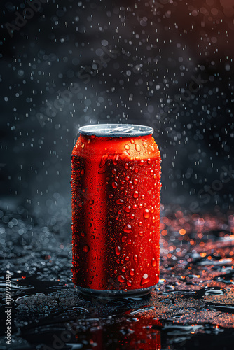 Can of soda is sitting on a wet surface, with water droplets on its surface. Concept of coolness and refreshment, as the soda can is a popular beverage choice for hot summer days