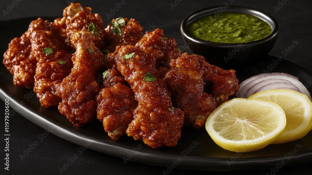 Fototapeta premium A platter of tandoori chicken wings, coated in rich spices, served with mint chutney, sliced onions, and lemon wedges on a dark background