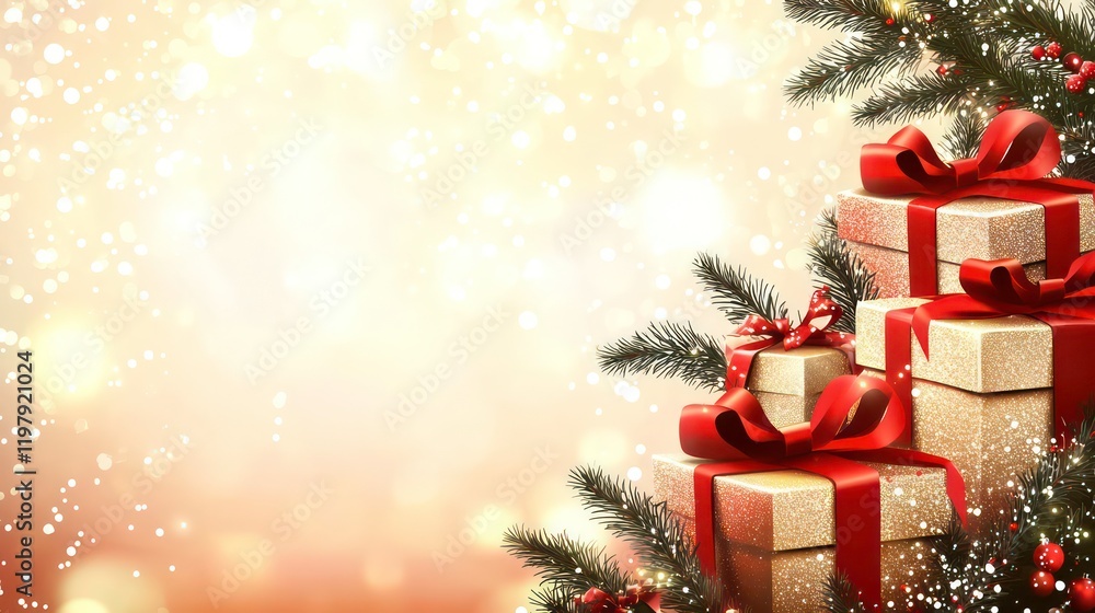 Stacked Christmas gifts with red ribbons and bows, adorned with pine branches and berries against a bokeh background. Stacked Christmas gifts with red ribbons and bows, adorned with pine branches and berries against a bokeh background.