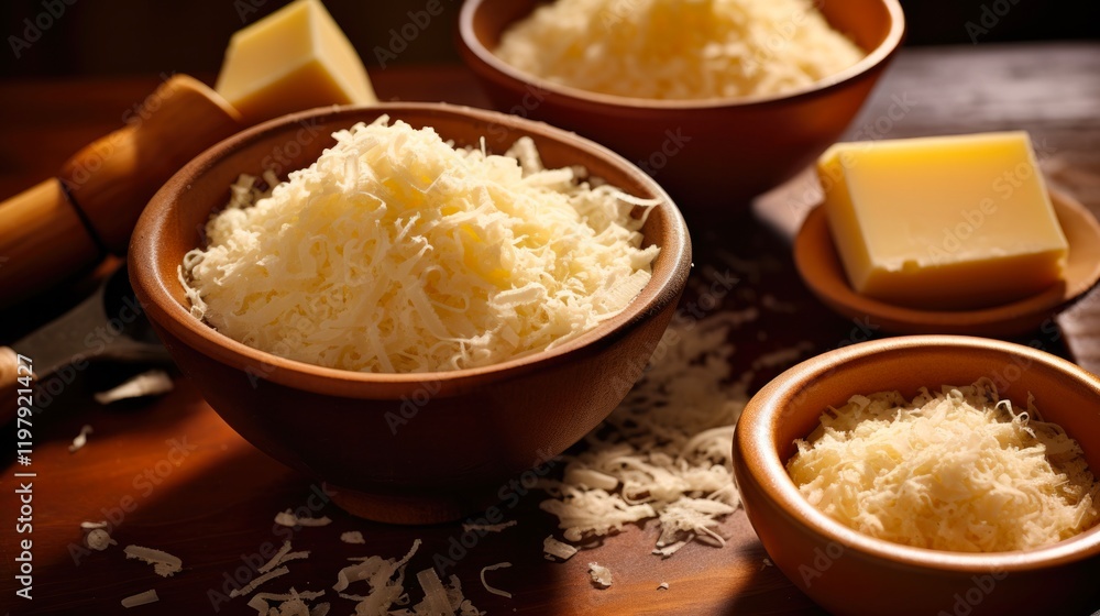 Bowl of Appetizing Grated Parmesan Cheese for Foodies: Close-up on Brown Board with Dairy Goodness Bowl of Appetizing Grated Parmesan Cheese for Foodies: Close-up on Brown Board with Dairy Goodness
