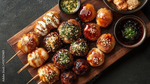 A rustic wooden board featuring a variety of takoyaki balls, some topped with teriyaki sauce, others with spicy mayo, and a side of dipping sauce in a small bowl photo