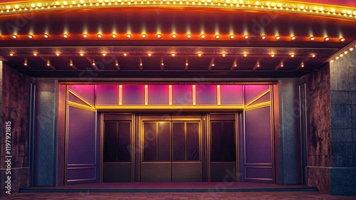 Night view of a theater entrance with illuminated marquee