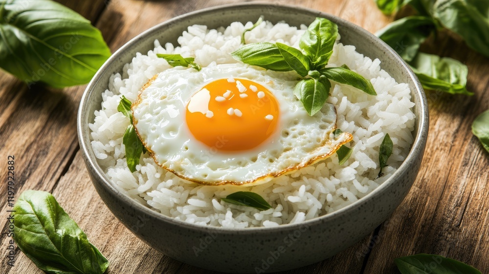 A serene setting featuring a bowl of basil fried rice topped with a fried egg, with a drizzle of soy sauce and fresh basil on a wooden table, creating a cozy atmosphere A serene setting featuring a bowl of basil fried rice topped with a fried egg, with a drizzle of soy sauce and fresh basil on a wooden table, creating a cozy atmosphere