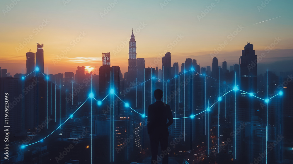 Abstract business man stands on the peak of success amid tall, innovative Smart city and graphs with statistics to analyze business potential and predict future developments in company growth. Abstract business man stands on the peak of success amid tall, innovative Smart city and graphs with statistics to analyze business potential and predict future developments in company growth.