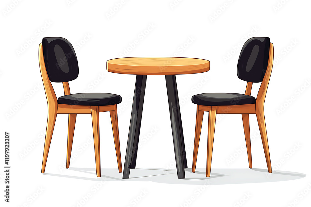 Wooden table and two chairs with black seats. Wooden table and two chairs with black seats.