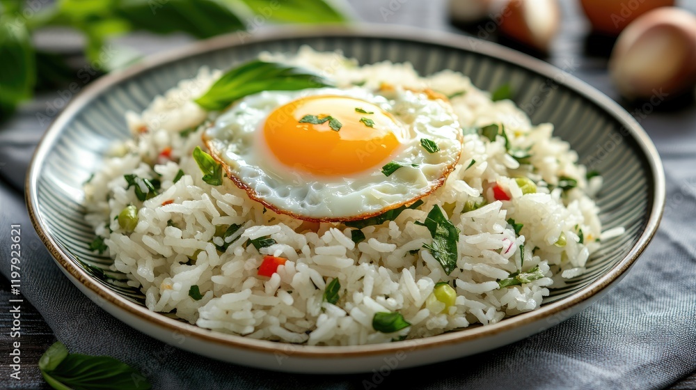A side view of a plate of basil fried rice with a fried egg, capturing the rich colors of the rice, herbs, and spices, set on a traditional Thai tablecloth A side view of a plate of basil fried rice with a fried egg, capturing the rich colors of the rice, herbs, and spices, set on a traditional Thai tablecloth