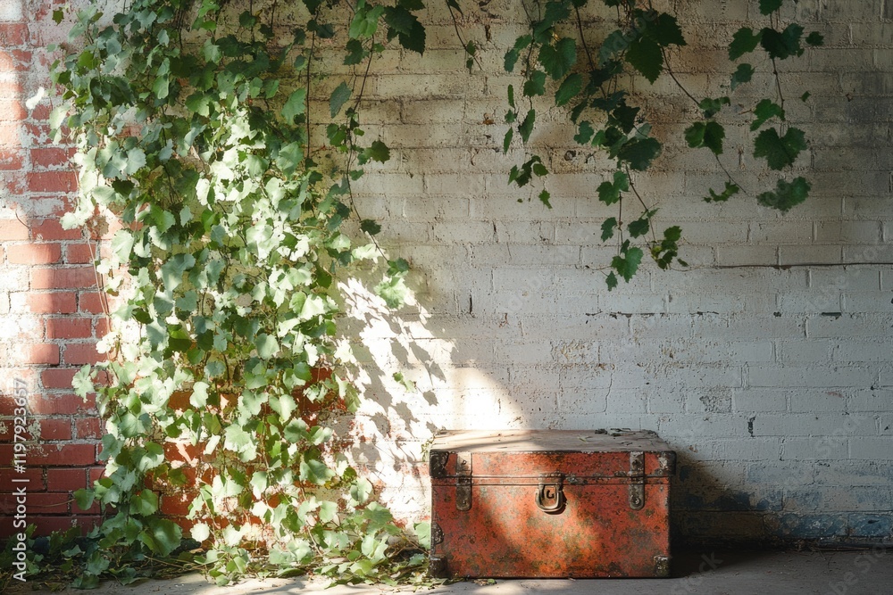 Naklejka premium Rustic orange metal trunk sits against a weathered brick wall, adorned with vibrant green ivy.