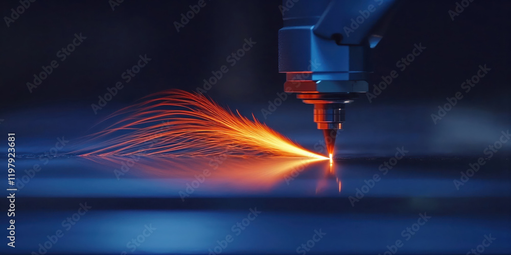 Industrial laser cutter making lines with sparks flying in workshop Industrial laser cutter making lines with sparks flying in workshop