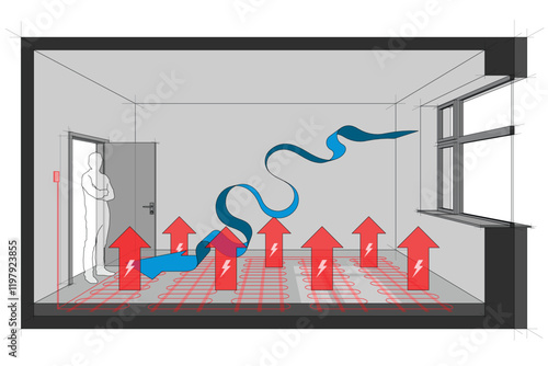 Diagram of a room heated with electric floor heating and natural air ventilation arrow