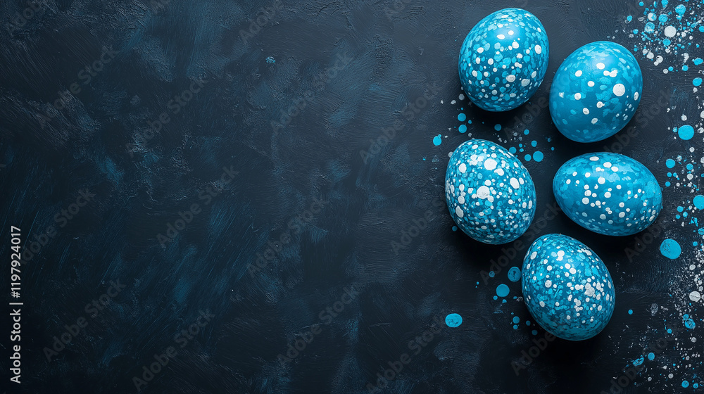 Fototapeta premium Hand-Painted Blue Easter Eggs with White Polka Dots on a Minimalist Dark Background for Elegant Holiday Decor