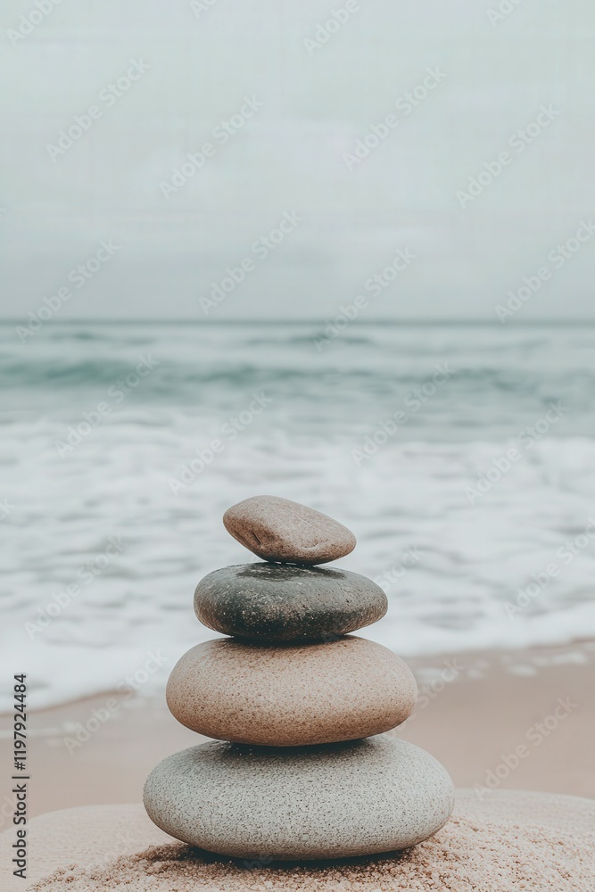Stacked stones create a tranquil moment by the ocean shore Stacked stones create a tranquil moment by the ocean shore