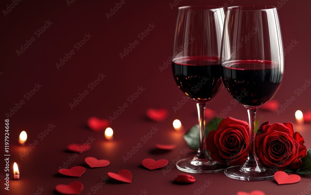 Two elegant wine glasses filled with rich red wine sit on a romantic table, accompanied by a beautiful rose, setting the perfect mood for Valentine's Day. Two elegant wine glasses filled with rich red wine sit on a romantic table, accompanied by a beautiful rose, setting the perfect mood for Valentine's Day.
