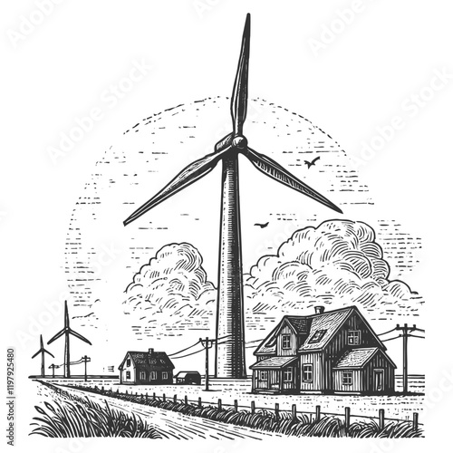 wind turbine in a rural landscape with houses, fields, power lines, and cloudy skies sketch engraving generative ai vector illustration. Scratch board imitation. Black and white image.