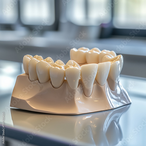 Obraz na płótnie Photorealistic Dental Jaw Model on Reflective Surface in Dental Office w salonie