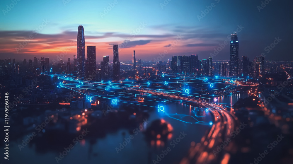 Fototapeta premium Abstract business man stands on the peak of success amid tall, innovative Smart city and graphs with statistics to analyze business potential and predict future developments in company growth.